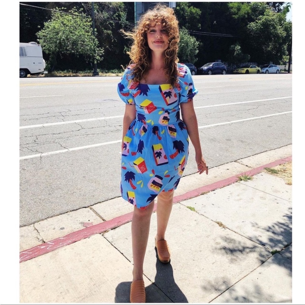 Nooworks Eliza puff sleeve dress in Snacks print